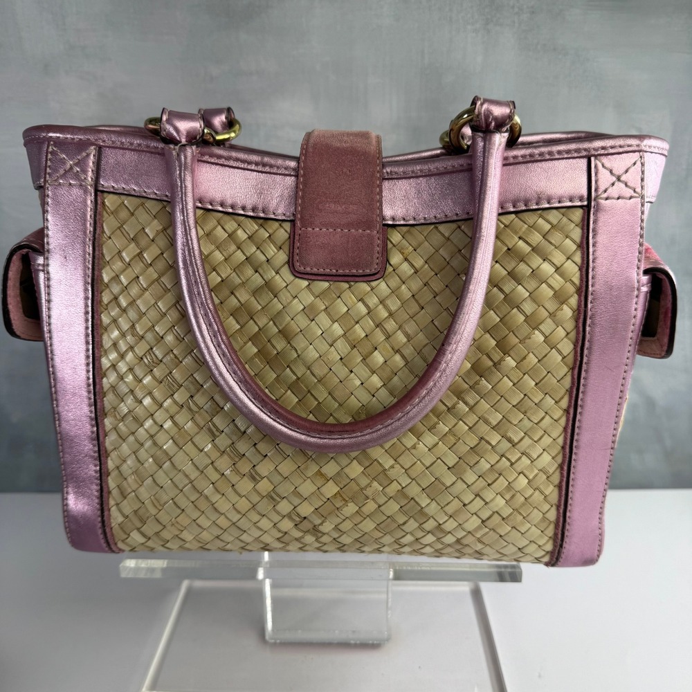 VTG Coach Straw Tote Women Pink Metallic Leather Suede Woven Basket Bag Y2K 4419 - Picture 3 of 15